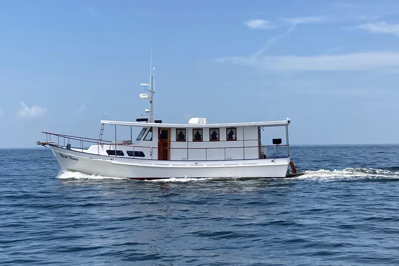 The Image of 1996 Bill Holland trawler cruising on open sea under clear blue sky. - 1