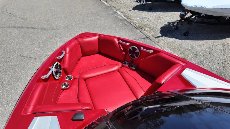 Slide: The Image of Red interior of a 2019 Malibu Wakesetter 22 LSV boat. - 16