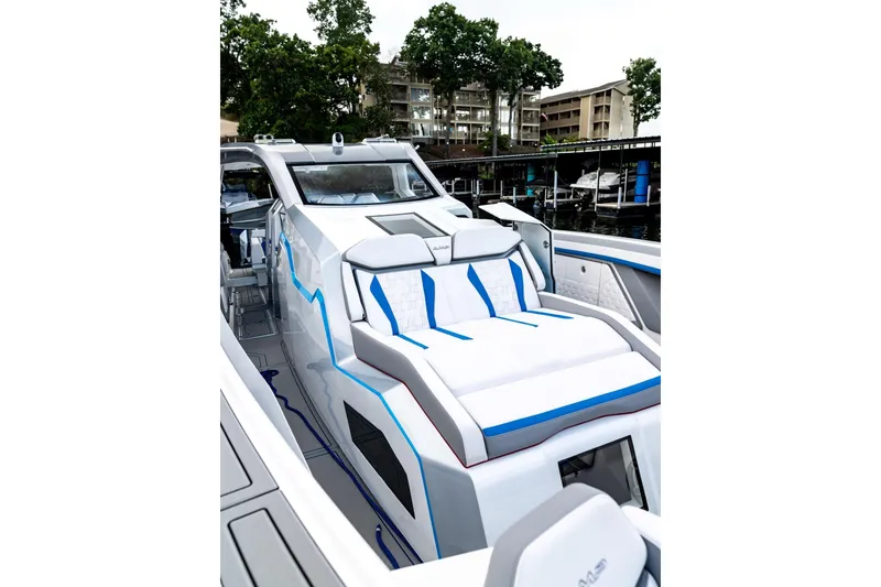 Slide: The Image of Luxurious AMP 433 yacht, 2026 model, featuring sleek design and comfortable seating. - 12