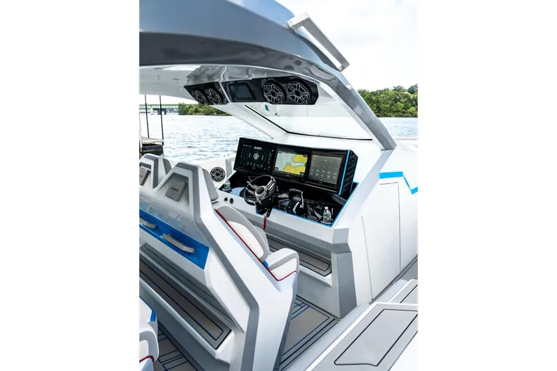 Slide: The Image of Futuristic AMP 433 boat cockpit with advanced navigation systems, 2026 model. - 17