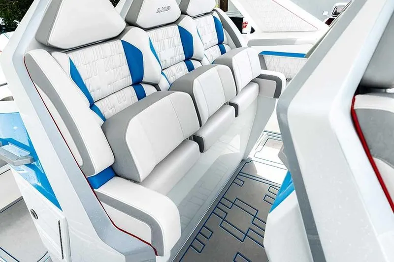 Slide: The Image of Futuristic AMP 433 interior seating, 2026 model, featuring sleek white and blue design. - 8