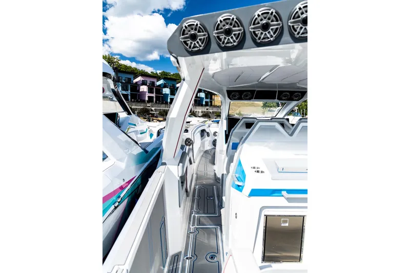 Slide: The Image of Modern AMP 433 boat interior with sleek design, advanced audio system, and vibrant colors, 2026 model. - 9