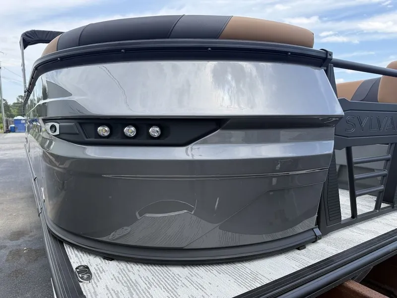 Slide: The Image of 2026 Sylvan L-3 LZ DH pontoon boat, gray design, close-up. - 7