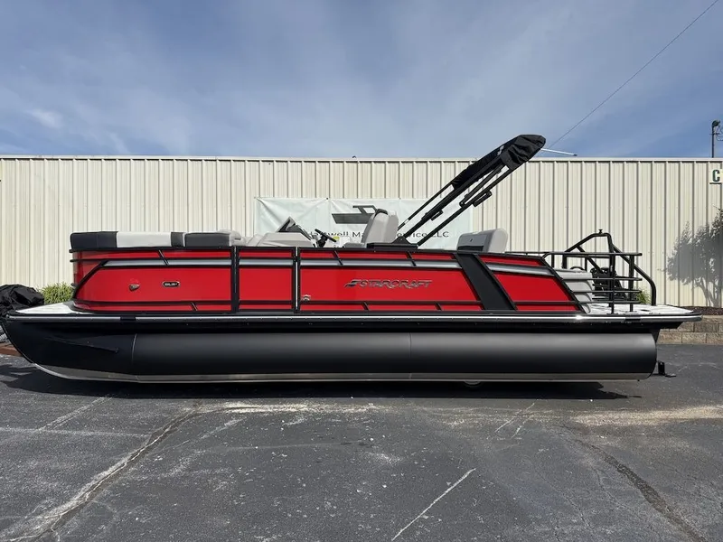 The Image of 2026 Starcraft SLS 3 Q DH pontoon boat, red and black, side view. - 1