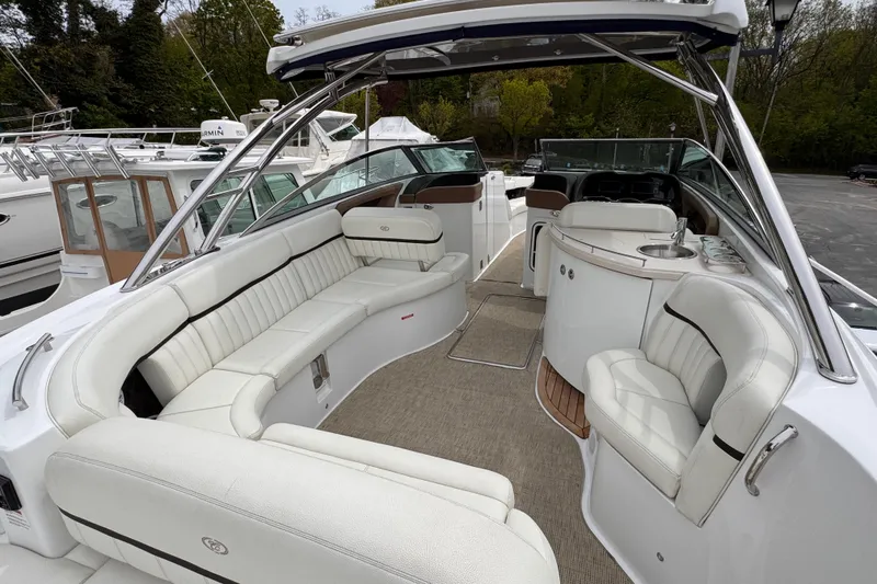 Slide: The Image of Luxurious interior of a 2018 Cobalt R35 boat with white seating and sleek design. - 14