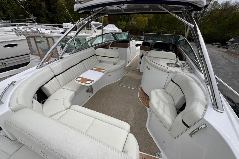 Slide: The Image of Luxurious interior of a 2018 Cobalt R35 boat with plush seating and sleek design. - 15