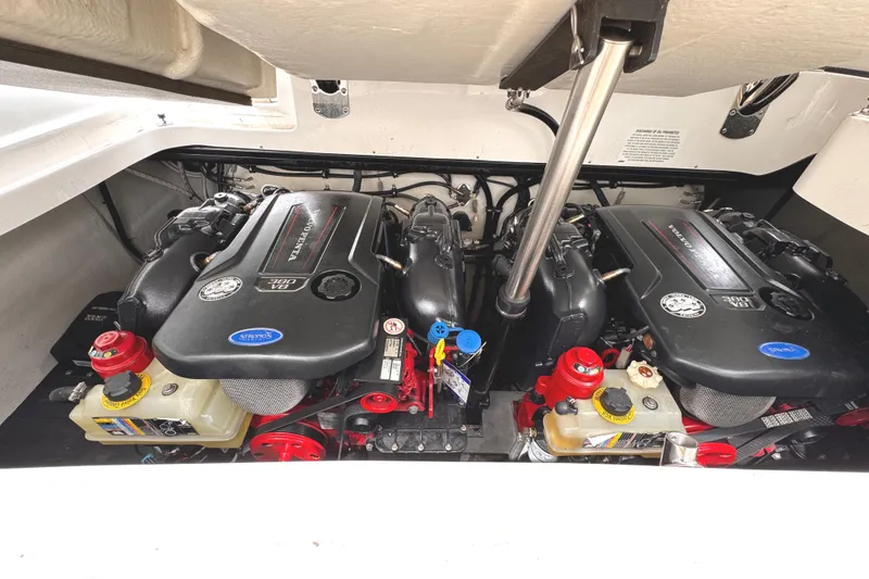 Slide: The Image of Engine compartment of a 2018 Cobalt R35 boat with dual Volvo Penta engines. - 48