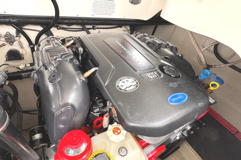 Slide: The Image of Engine compartment of a 2018 Cobalt R35 featuring a Volvo Penta 380 V8 engine. - 50