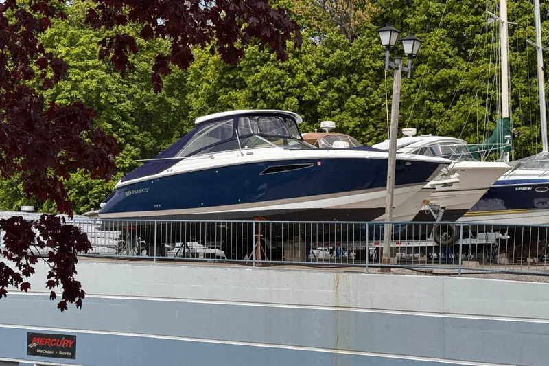 Slide: The Image of 2018 Cobalt R35 boat on display at a marina, surrounded by lush greenery. - 6