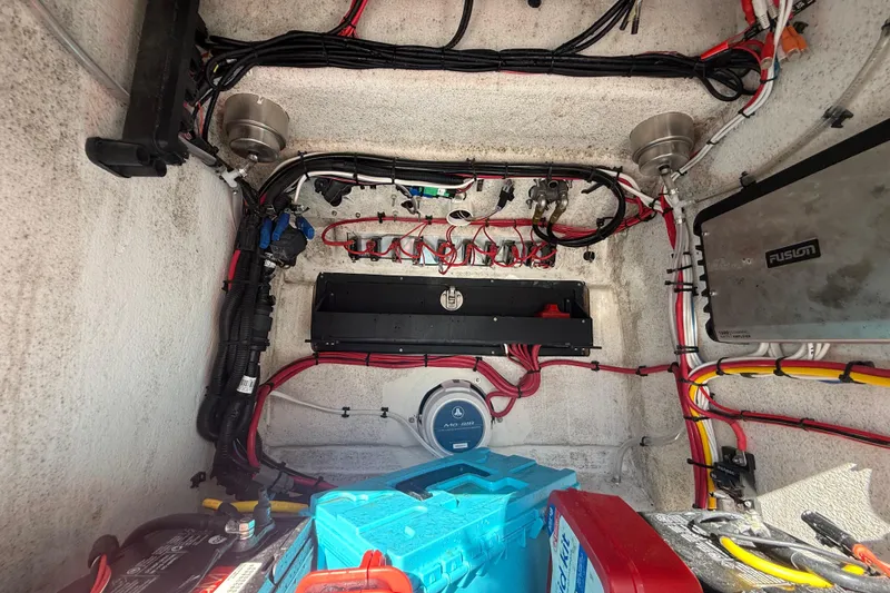 Slide: The Image of Electrical wiring and components inside a 1984 Chris-Craft 213 Scorpion boat. - 54