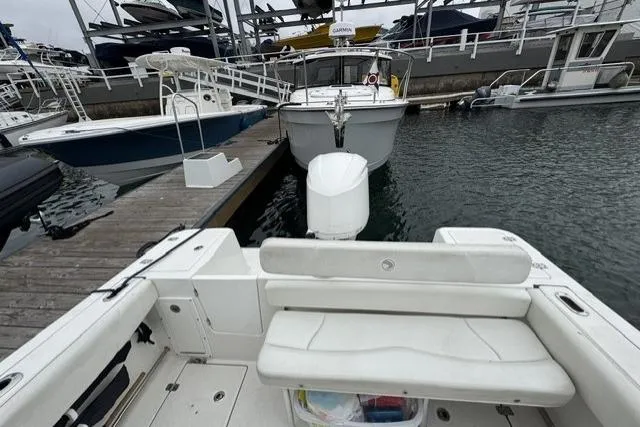 Slide: The Image of 2019 Edgewater 245CC boat docked at marina, featuring spacious seating and outboard motor. - 16