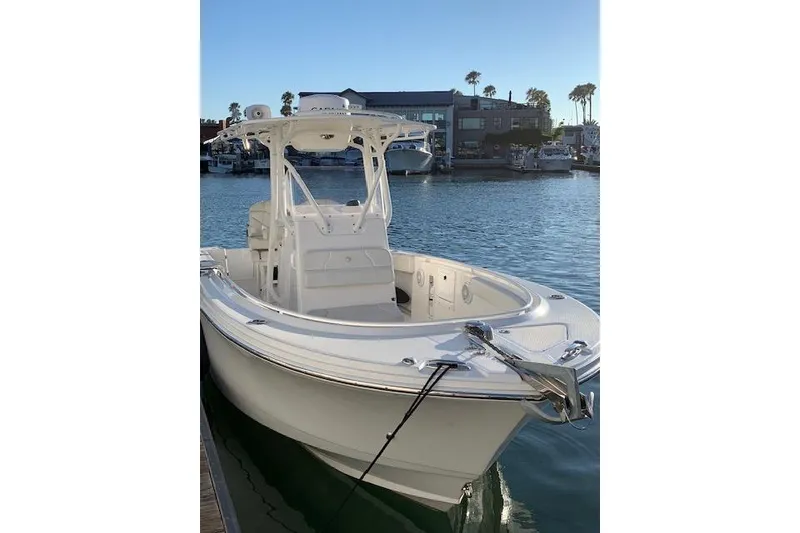 Slide: The Image of 2019 Edgewater 245CC boat docked in a marina, showcasing sleek design and modern features. - 4