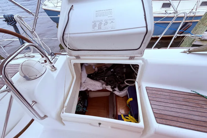 Slide: The Image of Cockpit of 2009 Beneteau Oceanis 40 sailboat with dual steering wheels, docked in marina. - 37