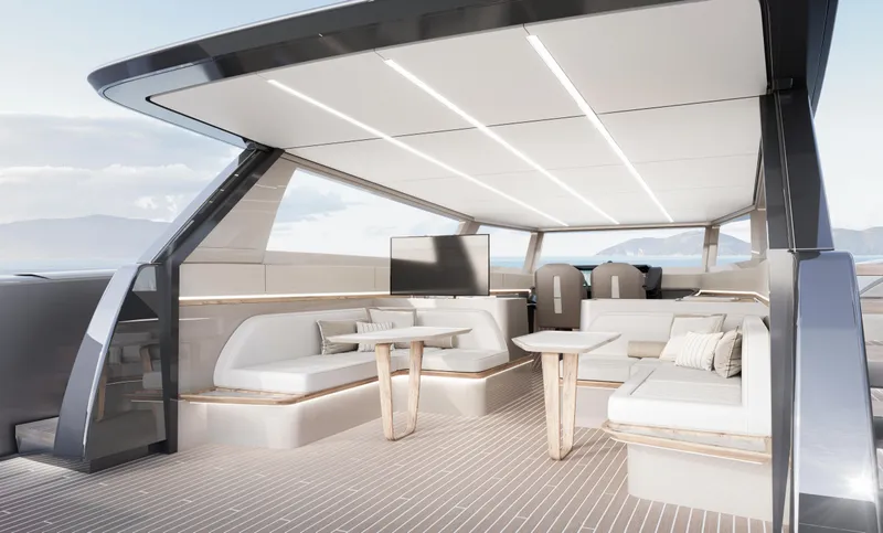 Slide: The Image of Luxurious Sunreef Ultima 2026 yacht interior with modern seating and sleek design. - 12