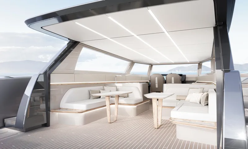 Slide: The Image of Luxurious 2026 Sunreef Ultima yacht interior with modern seating and sleek design. - 13