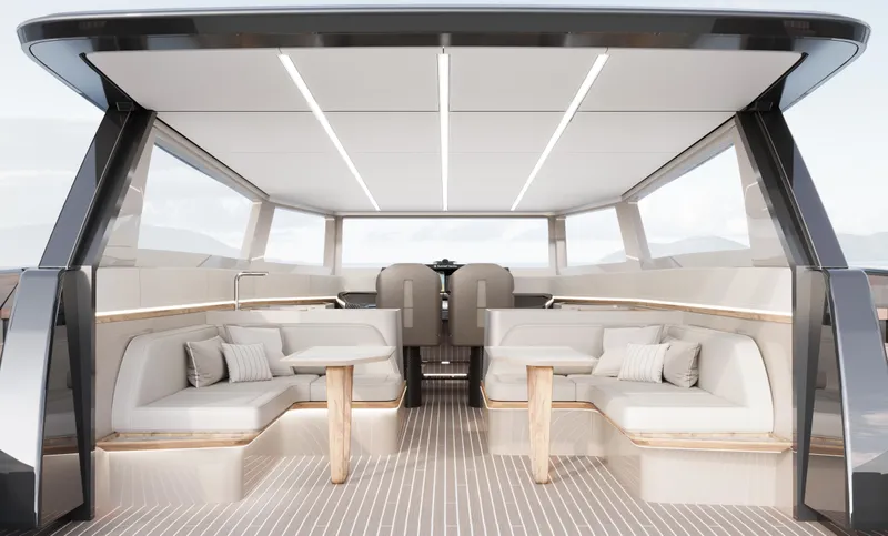 Slide: The Image of Luxurious interior of 2026 Sunreef Ultima yacht with modern seating and sleek design. - 14