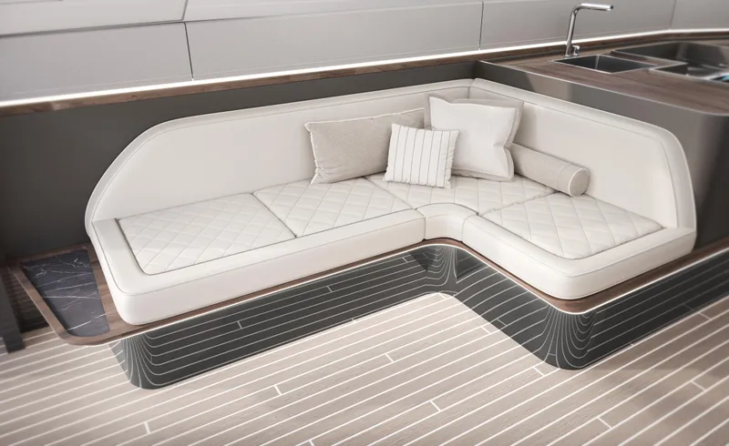 Slide: The Image of Luxurious Sunreef Ultima 2026 yacht interior with elegant white seating and modern design. - 16