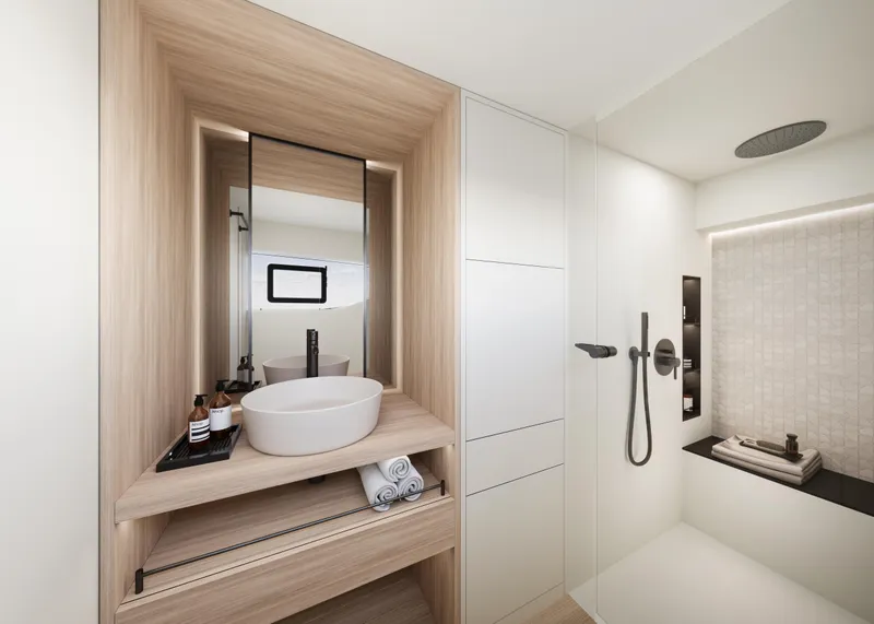 Slide: The Image of Luxurious bathroom in 2026 Sunreef Ultima yacht, featuring modern fixtures and elegant design. - 19