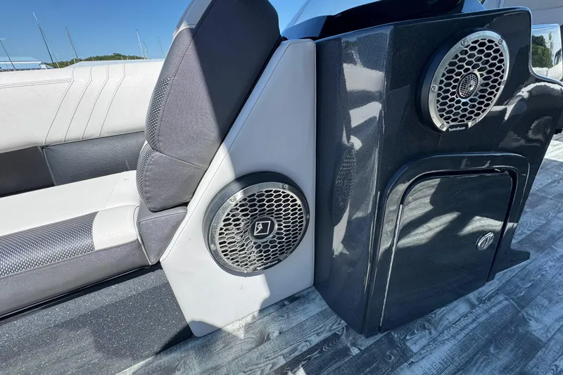 Slide: The Image of 2021 Crest RS250 boat interior with premium speakers and stylish seating. - 47