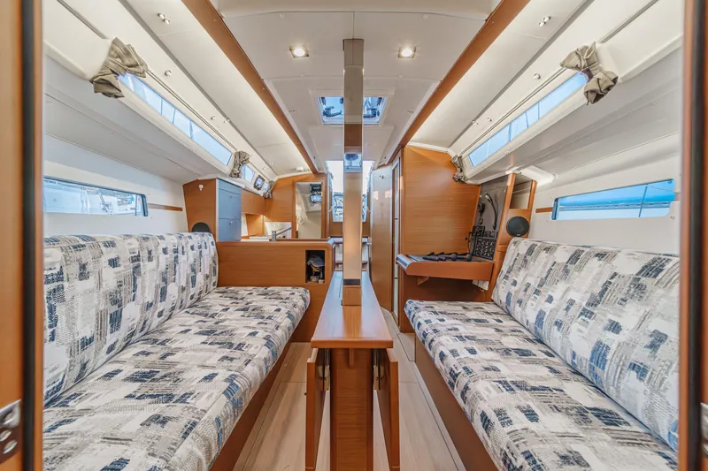 Slide: The Image of Interior of 2022 Jeanneau Sun Odyssey 349 sailboat, featuring modern seating and wood finishes. - 24