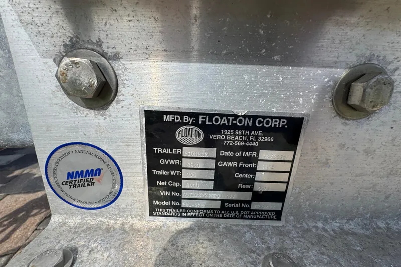 Slide: The Image of Float-On Corp trailer label with NMMA certification, Aquasport 2500 Center Console, 2022 model. - 15