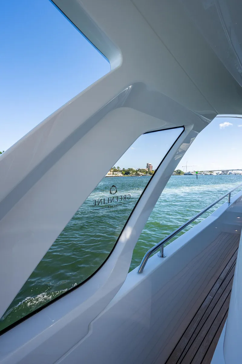 Slide: The Image of Side view of Greenline 45 Fly yacht, 2022 model, on the water. - 20