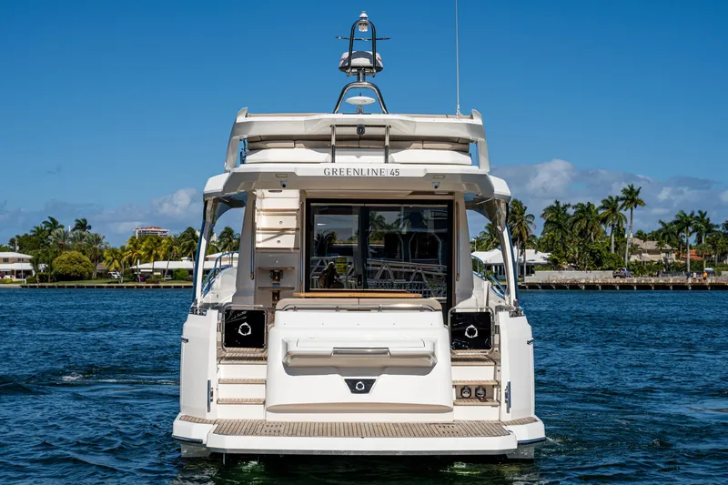 Slide: The Image of Rear view of Greenline 45 Fly yacht, 2022 model, on the water. - 9