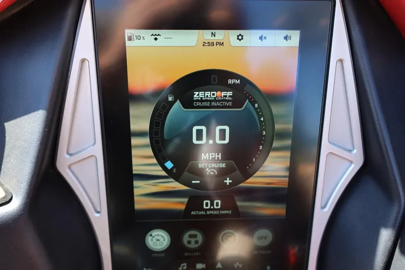 Slide: The Image of 2022 Tigé 25ZX dashboard display showing speed and cruise control settings. - 56