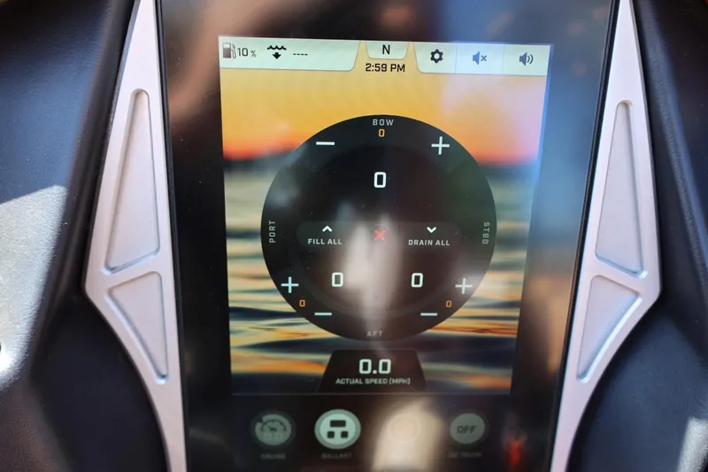 Slide: The Image of Touchscreen control panel of 2022 Tigé 25ZX boat displaying ballast settings. - 57