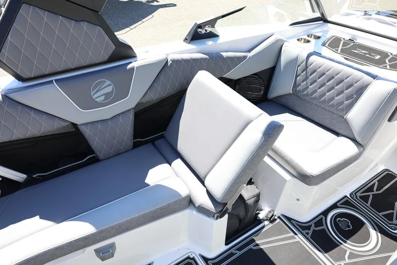 Slide: The Image of 2026 Tigé Z3 boat interior with gray quilted seating and modern design. - 35
