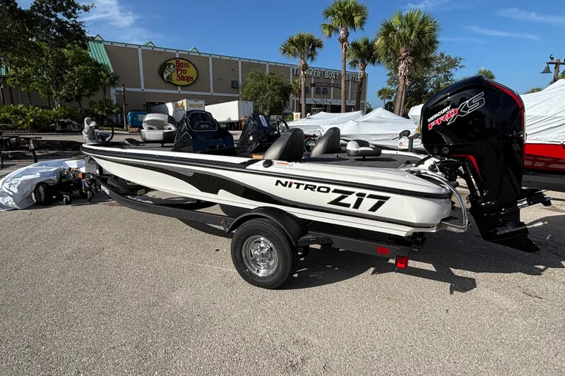 Slide: The Image of 2026 Nitro Z17 boat with Mercury Pro XS engine, parked outside Bass Pro Shops. - 92