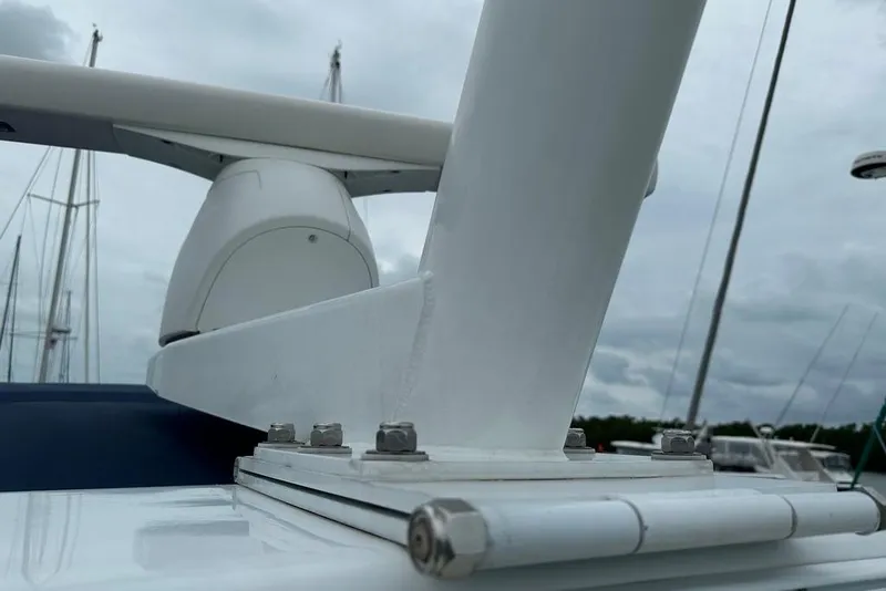 Slide: The Image of Close-up of a 2011 Kadey-Krogen 48 AE yacht's radar equipment against a cloudy sky. - 31