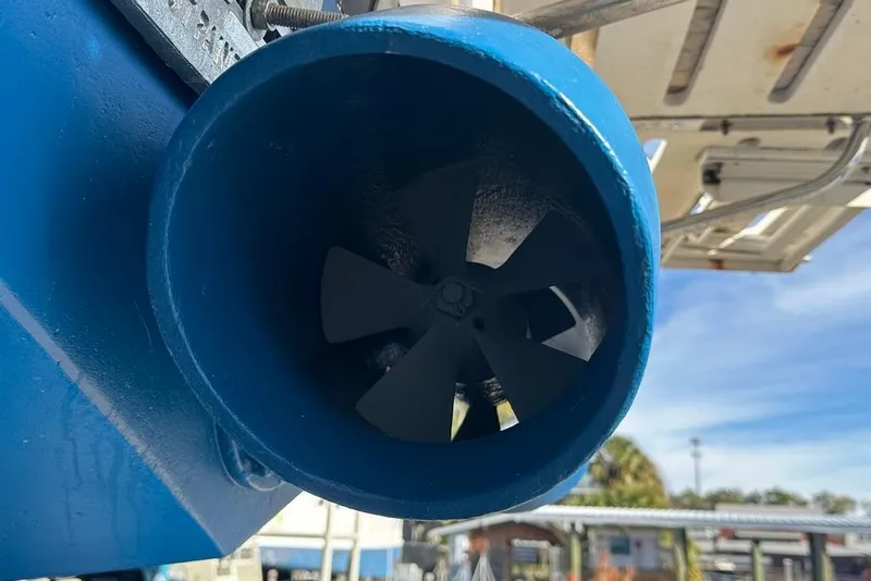 Slide: The Image of Close-up of a 2011 Kadey-Krogen 48 AE boat's blue propeller housing. - 41
