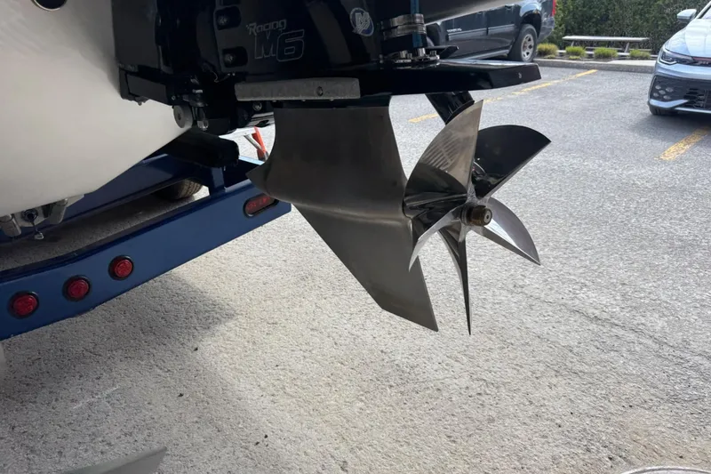 Slide: The Image of Close-up of a Monte Carlo 420 boat propeller, 2017 model, on a trailer. - 73