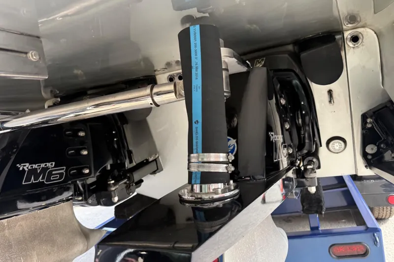 Slide: The Image of Close-up of Monte Carlo 420 boat engine components, featuring Racing M6 parts, 2017 model. - 75