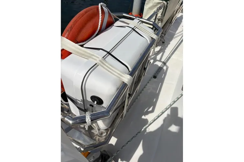 Slide: The Image of Life raft secured on 1997 Taswell 50 yacht deck with safety equipment. - 39