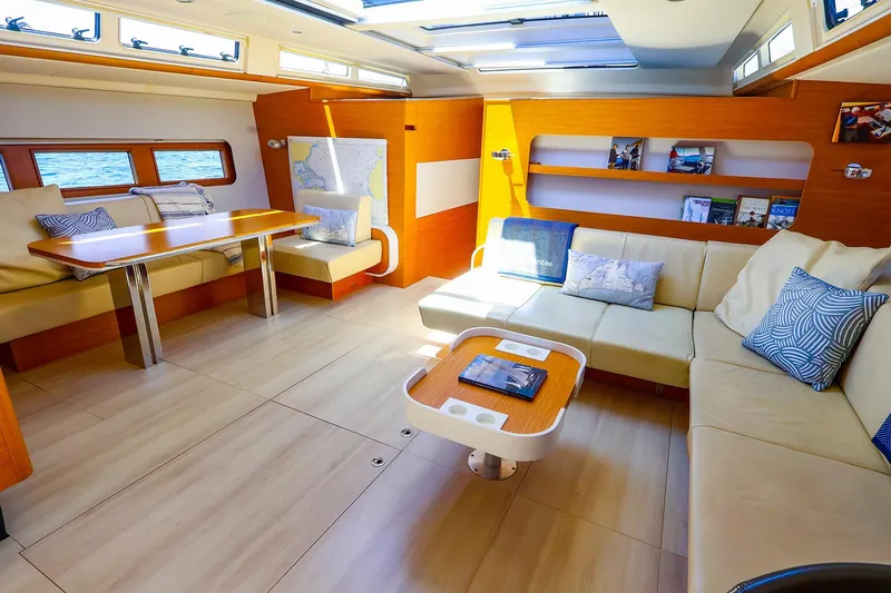 Slide: The Image of Luxurious interior of 2018 Hanse 675 yacht with elegant seating and modern decor. - 43