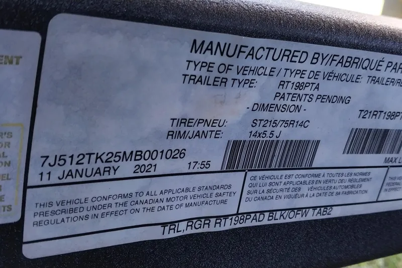 Slide: The Image of Label on a 2023 Ranger RT198P trailer, showing specifications and compliance details. - 22