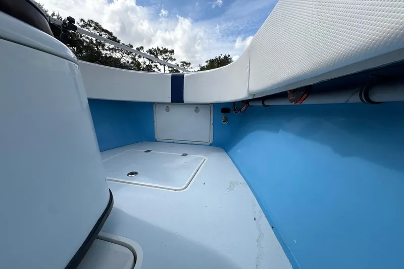 Slide: The Image of Interior view of a 2018 Catamaran Coaches 38 Lightning boat, featuring blue and white seating. - 33