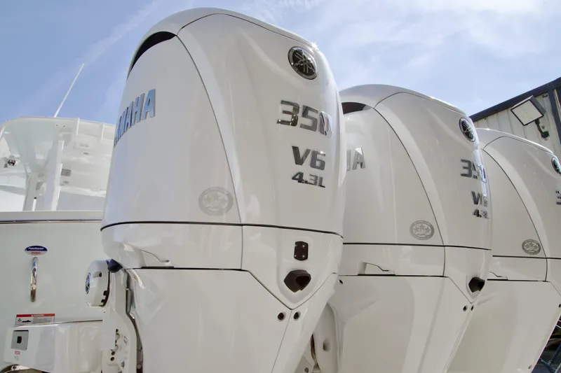 Slide: The Image of Yamaha 350 V6 outboard engines on a 2026 Regulator 35 boat. - 30