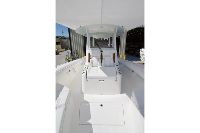 Slide: The Image of 2026 Regulator 35 boat interior with white seating and modern design. - 5