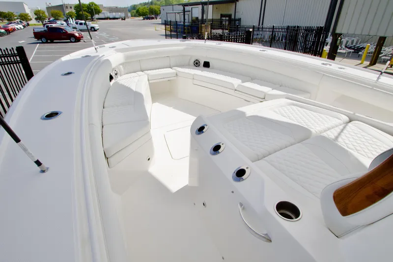 Slide: The Image of Luxurious 2026 Regulator 35 boat interior with white seating and sleek design. - 7