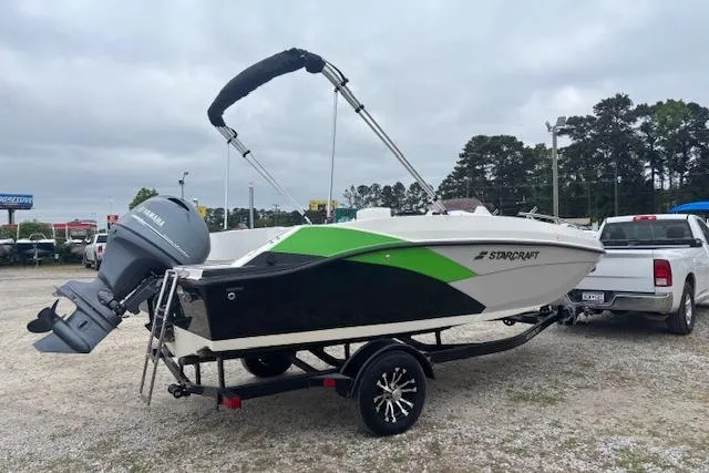 The Image of 2021 Starcraft SVX 171 OB boat on trailer, featuring Yamaha outboard motor. - 1