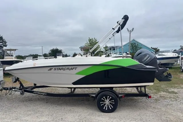 Slide: The Image of 2021 Starcraft SVX 171 OB boat on trailer, featuring sleek design and vibrant green accents. - 4
