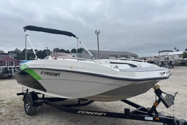 Slide: The Image of 2021 Starcraft SVX 171 OB boat on trailer, parked outdoors under cloudy sky. - 7