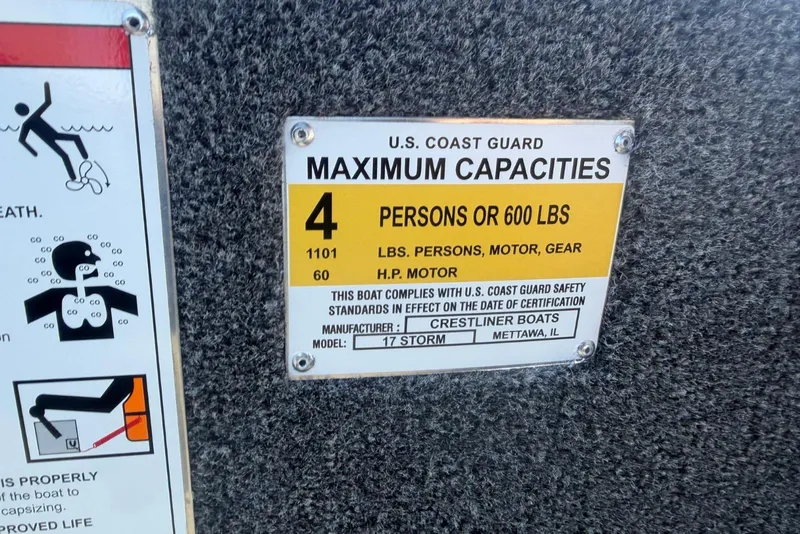 Slide: The Image of U.S. Coast Guard capacity label for 2026 Crestliner 1700 Storm, 4 persons or 600 lbs. - 10