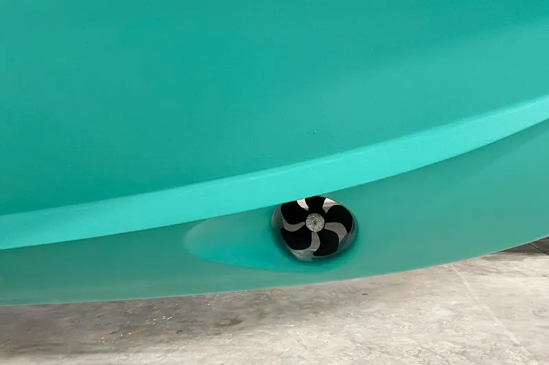 Slide: The Image of Close-up of a 2022 MJM 3 boat hull with visible propeller. - 77