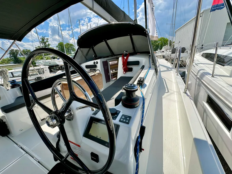 Slide: The Image of 2023 Jeanneau Sun Odyssey 380 sailboat cockpit view. - 15