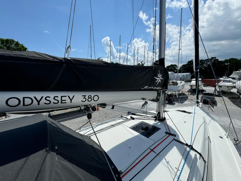 Slide: The Image of Jeanneau Sun Odyssey 380 sailboat, 2023 model, docked at marina. - 6