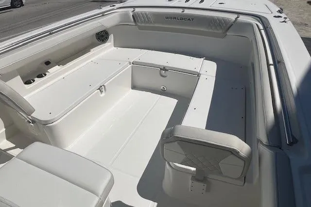 Slide: The Image of 2026 World Cat 280 CC-X boat interior with spacious seating and sleek design. - 3
